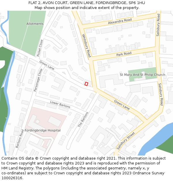 FLAT 2, AVON COURT, GREEN LANE, FORDINGBRIDGE, SP6 1HU: Location map and indicative extent of plot