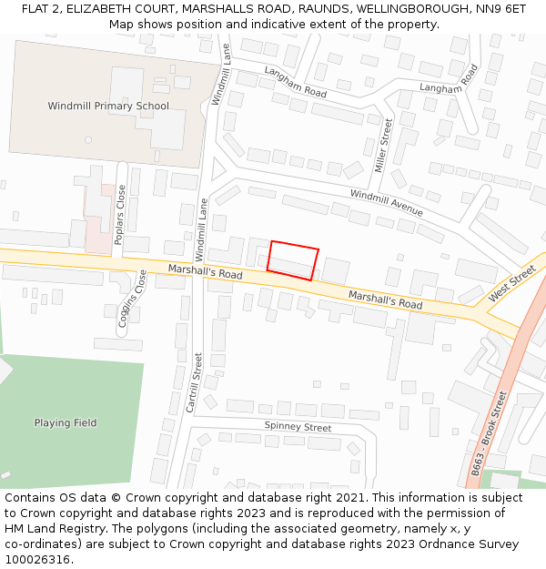 FLAT 2, ELIZABETH COURT, MARSHALLS ROAD, RAUNDS, WELLINGBOROUGH, NN9 6ET: Location map and indicative extent of plot