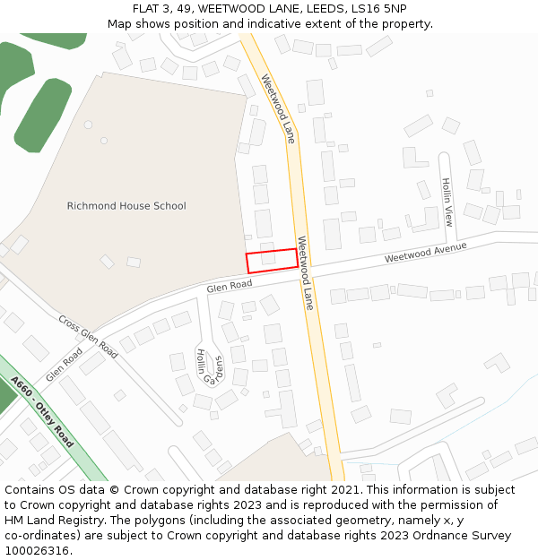 FLAT 3, 49, WEETWOOD LANE, LEEDS, LS16 5NP: Location map and indicative extent of plot