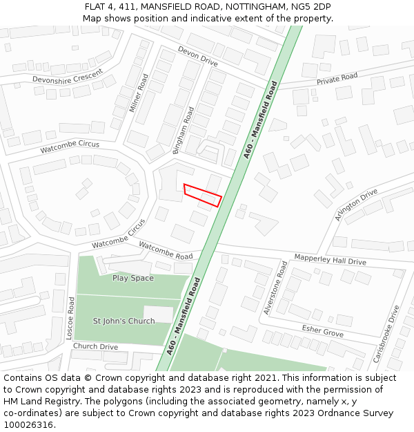 FLAT 4, 411, MANSFIELD ROAD, NOTTINGHAM, NG5 2DP: Location map and indicative extent of plot