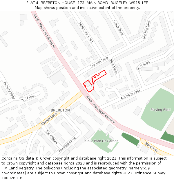 FLAT 4, BRERETON HOUSE, 173, MAIN ROAD, RUGELEY, WS15 1EE: Location map and indicative extent of plot