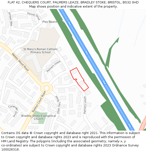 FLAT 42, CHEQUERS COURT, PALMERS LEAZE, BRADLEY STOKE, BRISTOL, BS32 0HD: Location map and indicative extent of plot