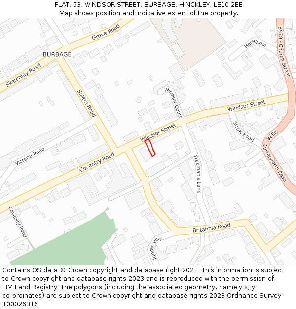 FLAT, 53, WINDSOR STREET, BURBAGE, HINCKLEY, LE10 2EE: Location map and indicative extent of plot