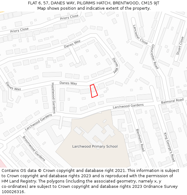 FLAT 6, 57, DANES WAY, PILGRIMS HATCH, BRENTWOOD, CM15 9JT: Location map and indicative extent of plot