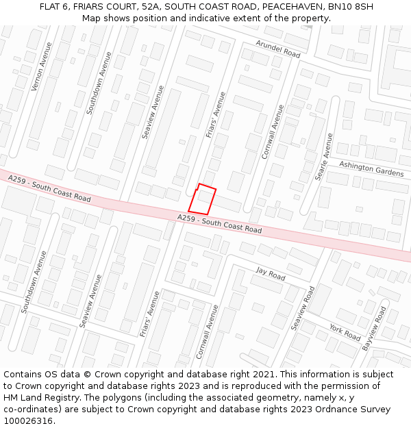 FLAT 6, FRIARS COURT, 52A, SOUTH COAST ROAD, PEACEHAVEN, BN10 8SH: Location map and indicative extent of plot