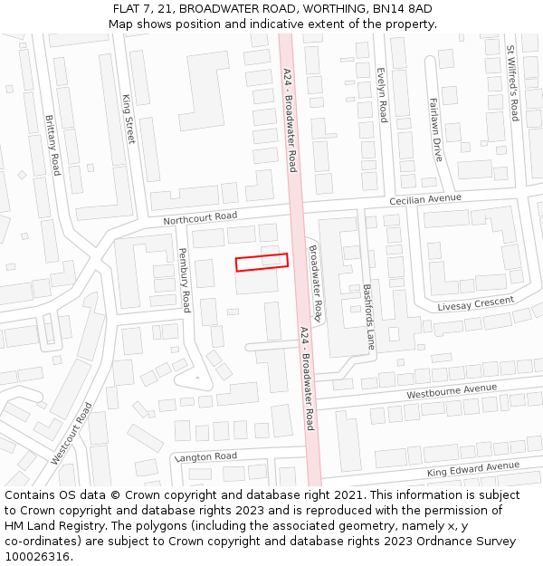 FLAT 7, 21, BROADWATER ROAD, WORTHING, BN14 8AD: Location map and indicative extent of plot