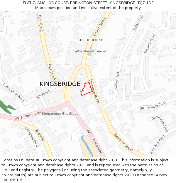 FLAT 7, ANCHOR COURT, EBRINGTON STREET, KINGSBRIDGE, TQ7 1DE: Location map and indicative extent of plot