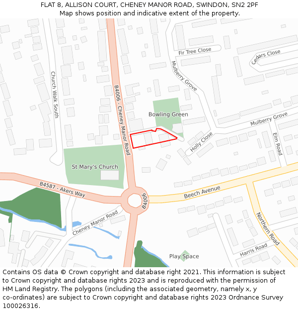 FLAT 8, ALLISON COURT, CHENEY MANOR ROAD, SWINDON, SN2 2PF: Location map and indicative extent of plot