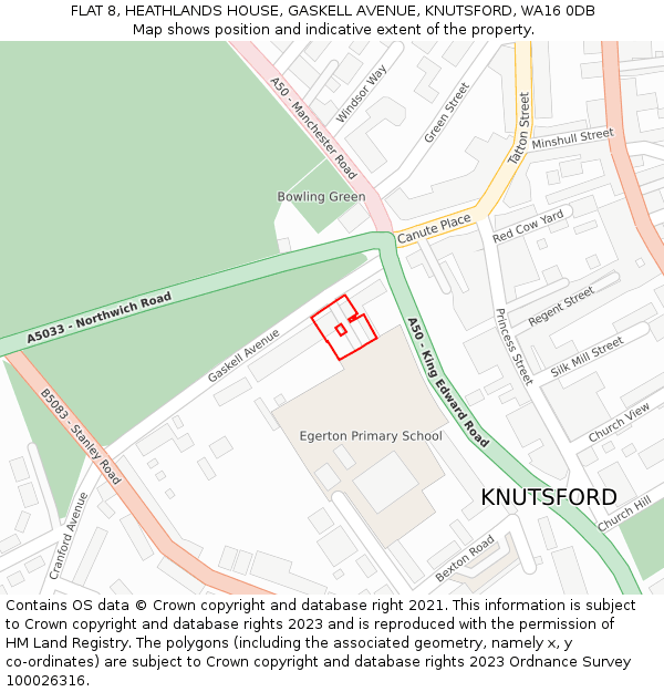 FLAT 8, HEATHLANDS HOUSE, GASKELL AVENUE, KNUTSFORD, WA16 0DB: Location map and indicative extent of plot