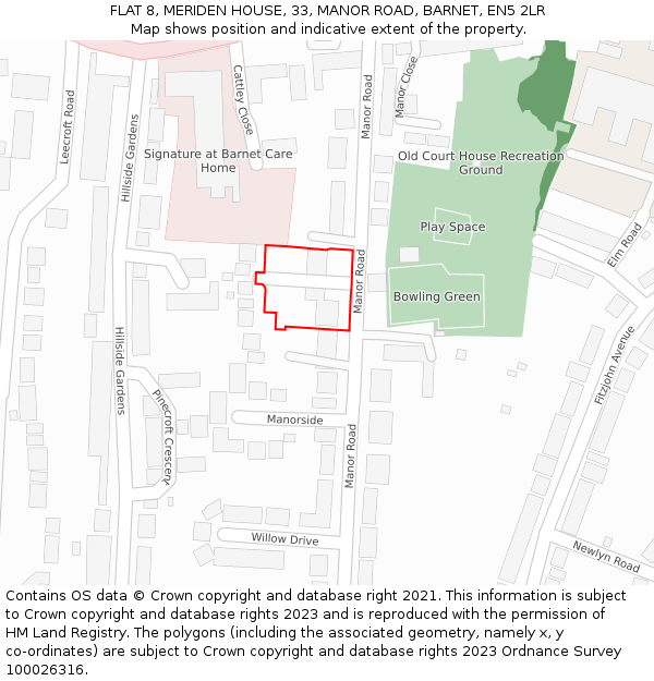 FLAT 8, MERIDEN HOUSE, 33, MANOR ROAD, BARNET, EN5 2LR: Location map and indicative extent of plot