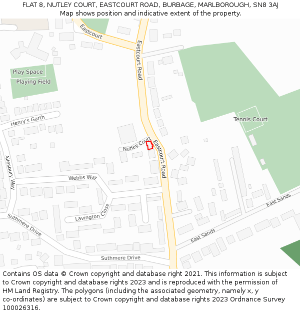 FLAT 8, NUTLEY COURT, EASTCOURT ROAD, BURBAGE, MARLBOROUGH, SN8 3AJ: Location map and indicative extent of plot