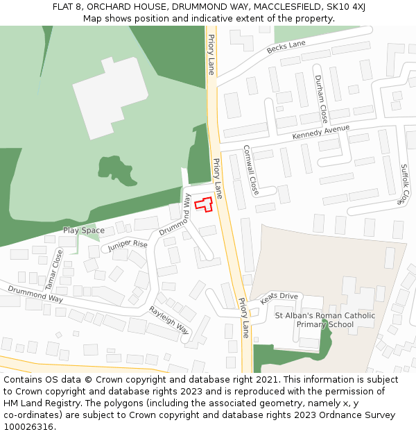 FLAT 8, ORCHARD HOUSE, DRUMMOND WAY, MACCLESFIELD, SK10 4XJ: Location map and indicative extent of plot