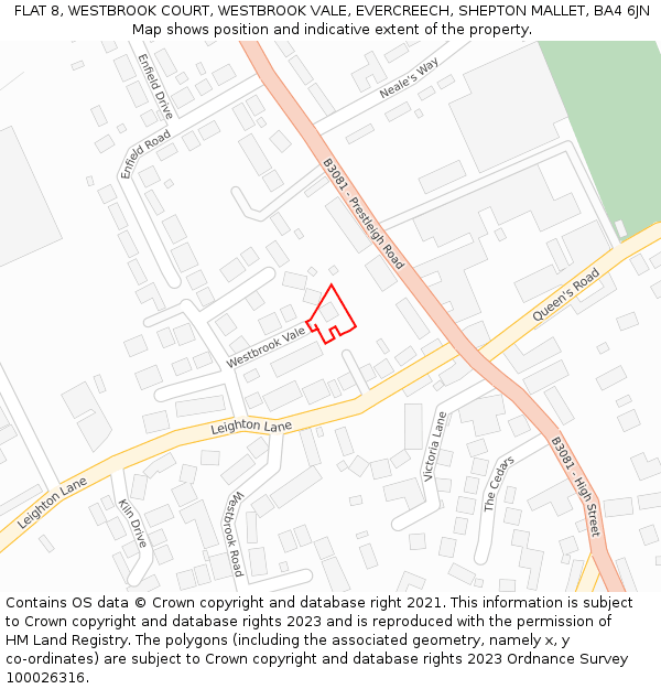 FLAT 8, WESTBROOK COURT, WESTBROOK VALE, EVERCREECH, SHEPTON MALLET, BA4 6JN: Location map and indicative extent of plot