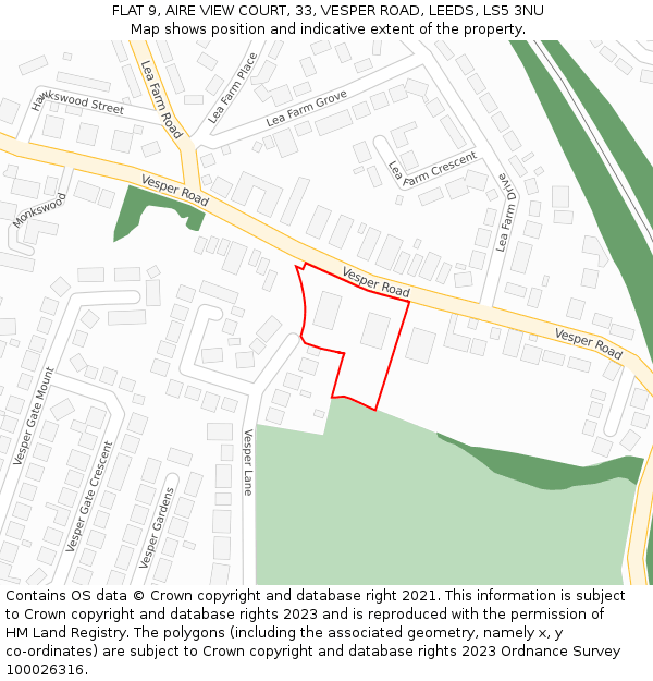 FLAT 9, AIRE VIEW COURT, 33, VESPER ROAD, LEEDS, LS5 3NU: Location map and indicative extent of plot