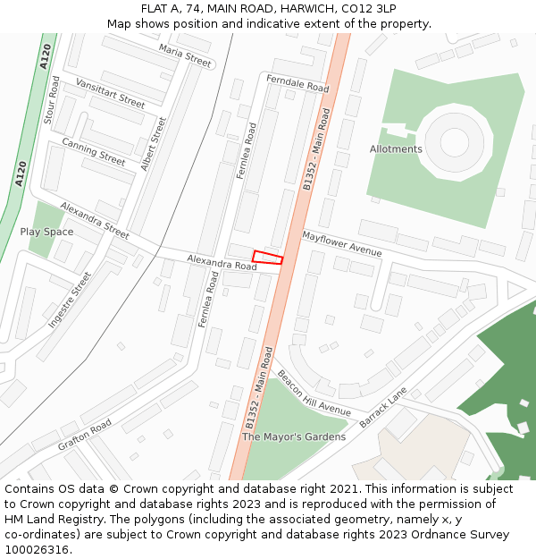 FLAT A, 74, MAIN ROAD, HARWICH, CO12 3LP: Location map and indicative extent of plot