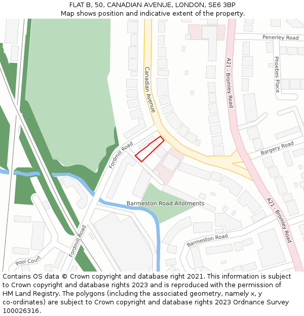 FLAT B, 50, CANADIAN AVENUE, LONDON, SE6 3BP: Location map and indicative extent of plot