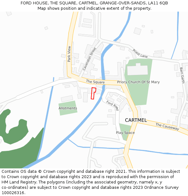 FORD HOUSE, THE SQUARE, CARTMEL, GRANGE-OVER-SANDS, LA11 6QB: Location map and indicative extent of plot