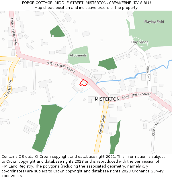 FORGE COTTAGE, MIDDLE STREET, MISTERTON, CREWKERNE, TA18 8LU: Location map and indicative extent of plot