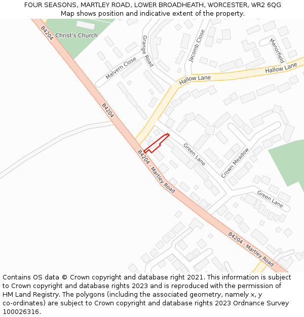 FOUR SEASONS, MARTLEY ROAD, LOWER BROADHEATH, WORCESTER, WR2 6QG: Location map and indicative extent of plot