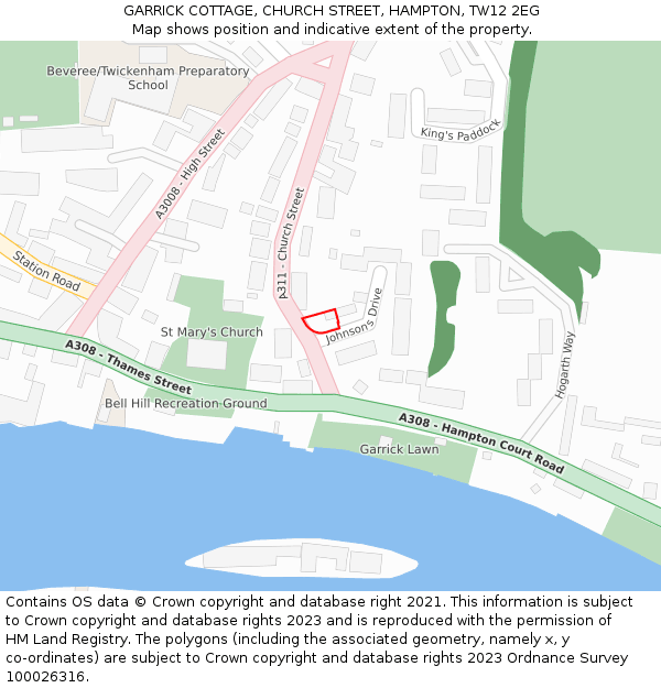 GARRICK COTTAGE, CHURCH STREET, HAMPTON, TW12 2EG: Location map and indicative extent of plot