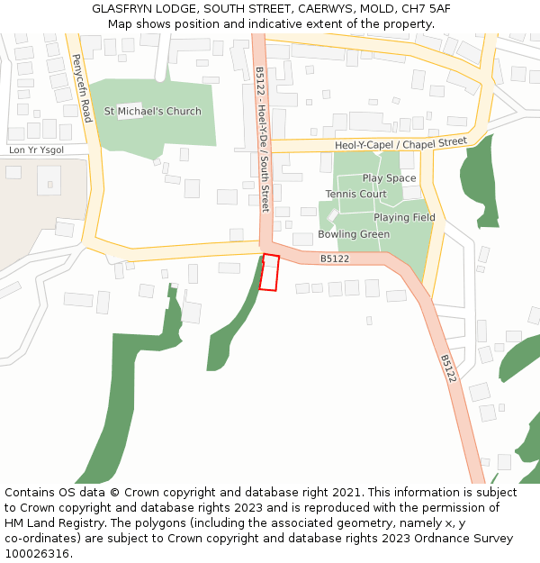 GLASFRYN LODGE, SOUTH STREET, CAERWYS, MOLD, CH7 5AF: Location map and indicative extent of plot