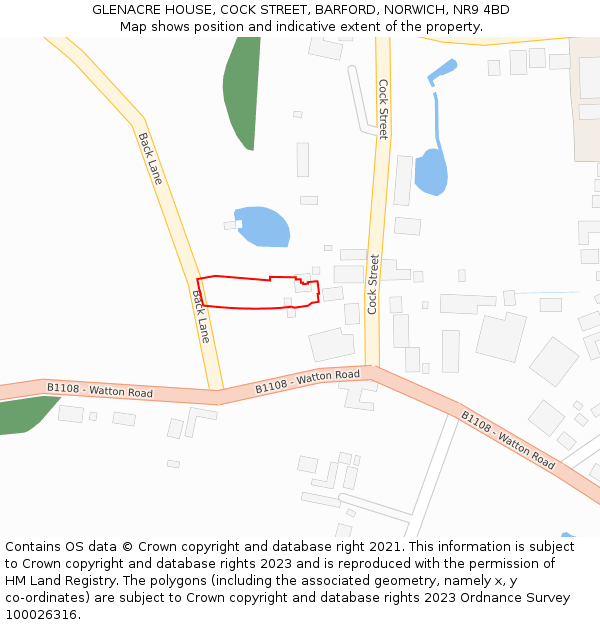 GLENACRE HOUSE, COCK STREET, BARFORD, NORWICH, NR9 4BD: Location map and indicative extent of plot