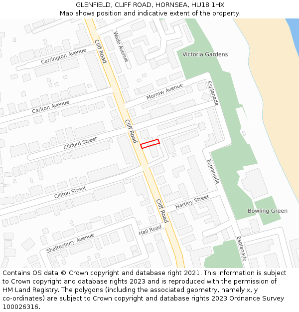 GLENFIELD, CLIFF ROAD, HORNSEA, HU18 1HX: Location map and indicative extent of plot