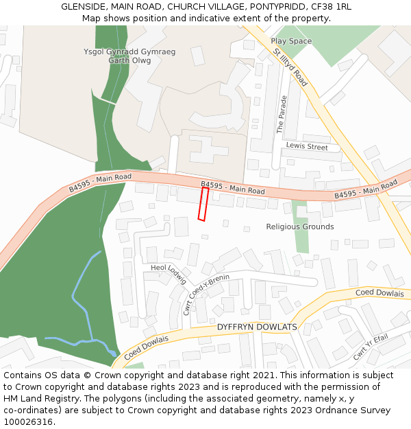 GLENSIDE, MAIN ROAD, CHURCH VILLAGE, PONTYPRIDD, CF38 1RL: Location map and indicative extent of plot