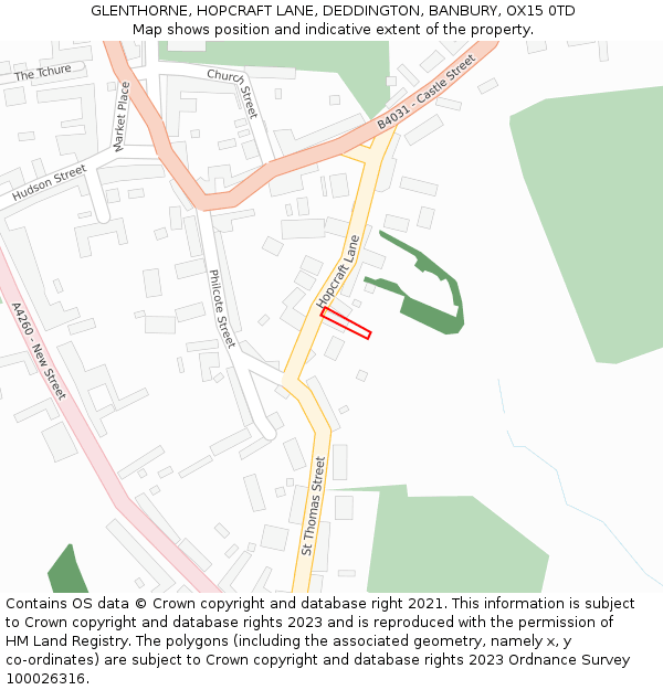 GLENTHORNE, HOPCRAFT LANE, DEDDINGTON, BANBURY, OX15 0TD: Location map and indicative extent of plot