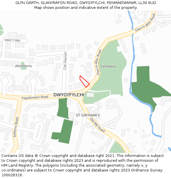 GLYN GARTH, GLANYRAFON ROAD, DWYGYFYLCHI, PENMAENMAWR, LL34 6UD: Location map and indicative extent of plot