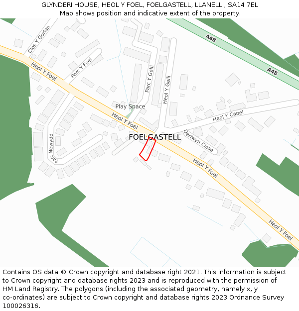 GLYNDERI HOUSE, HEOL Y FOEL, FOELGASTELL, LLANELLI, SA14 7EL: Location map and indicative extent of plot