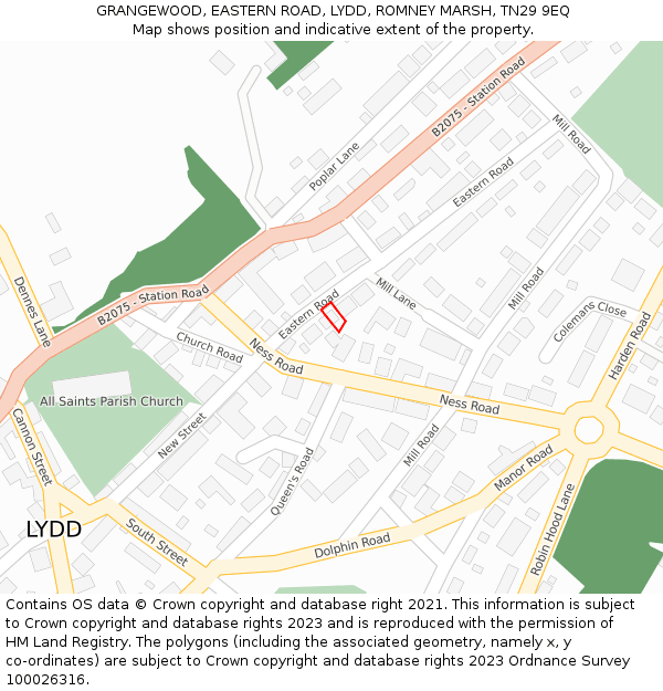 GRANGEWOOD, EASTERN ROAD, LYDD, ROMNEY MARSH, TN29 9EQ: Location map and indicative extent of plot