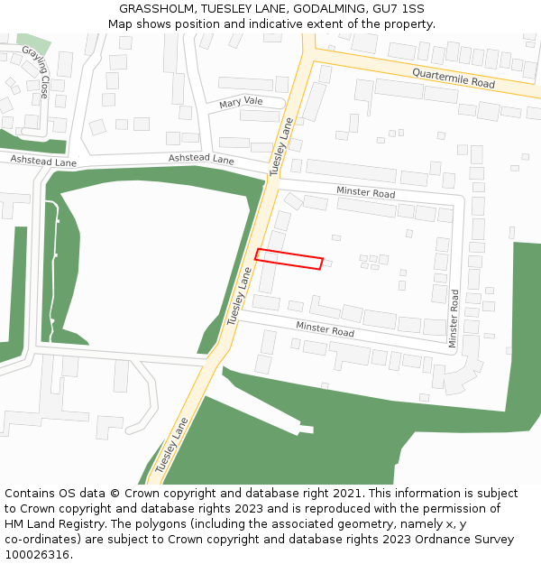 GRASSHOLM, TUESLEY LANE, GODALMING, GU7 1SS: Location map and indicative extent of plot