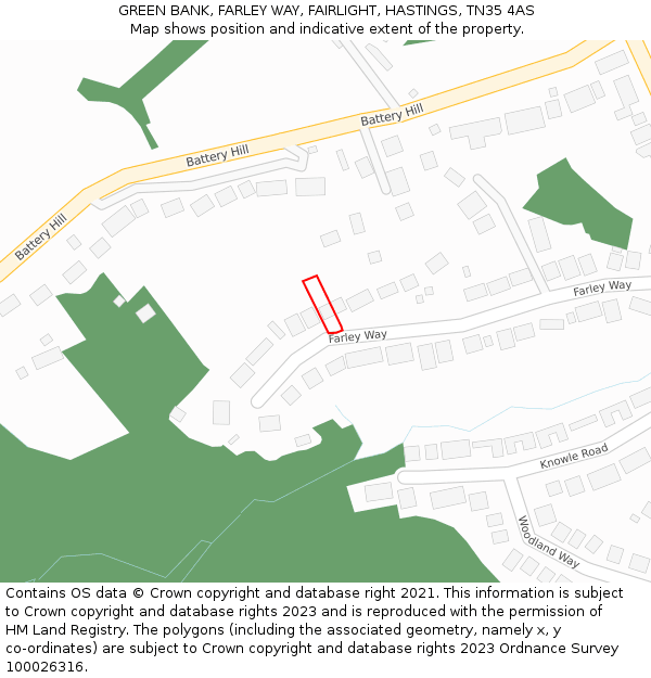 GREEN BANK, FARLEY WAY, FAIRLIGHT, HASTINGS, TN35 4AS: Location map and indicative extent of plot