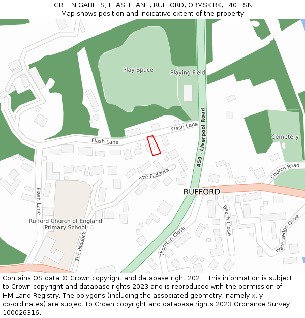 GREEN GABLES, FLASH LANE, RUFFORD, ORMSKIRK, L40 1SN: Location map and indicative extent of plot