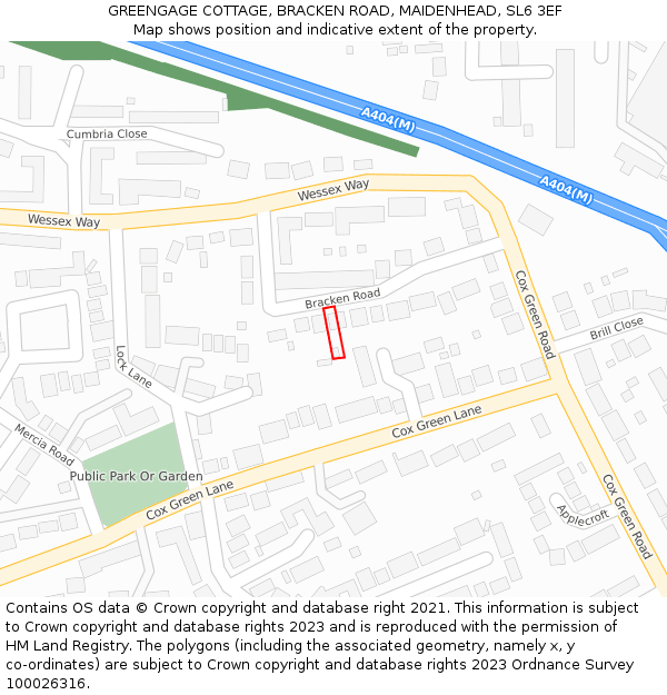 GREENGAGE COTTAGE, BRACKEN ROAD, MAIDENHEAD, SL6 3EF: Location map and indicative extent of plot