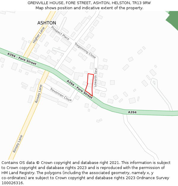 GRENVILLE HOUSE, FORE STREET, ASHTON, HELSTON, TR13 9RW: Location map and indicative extent of plot