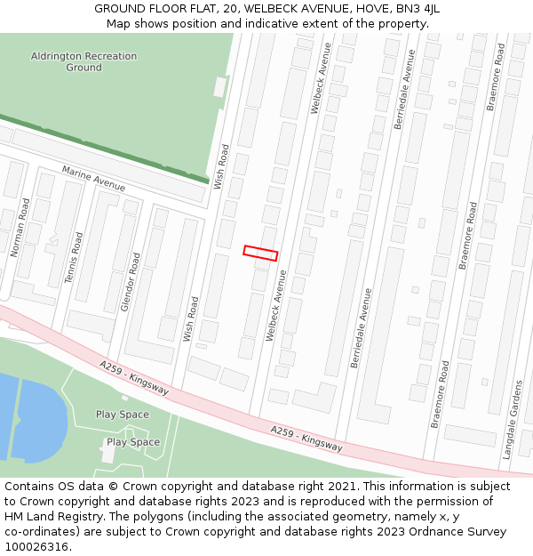 GROUND FLOOR FLAT, 20, WELBECK AVENUE, HOVE, BN3 4JL: Location map and indicative extent of plot