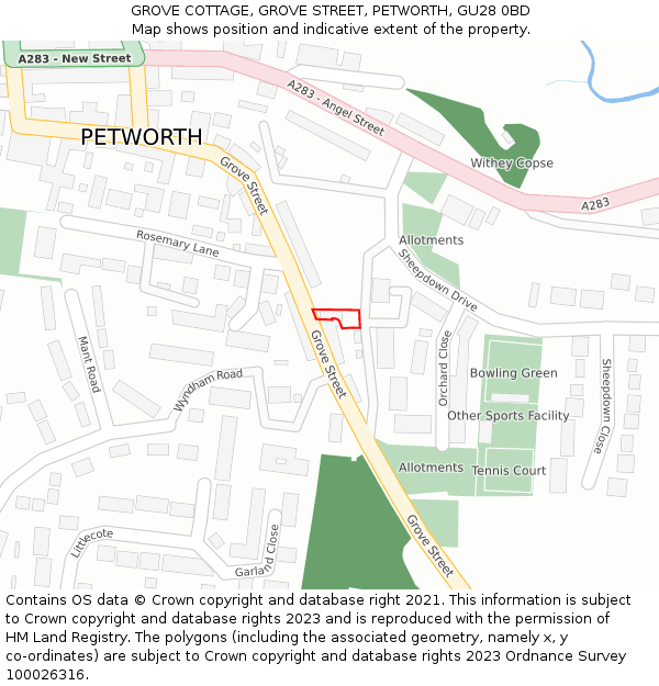 GROVE COTTAGE, GROVE STREET, PETWORTH, GU28 0BD: Location map and indicative extent of plot