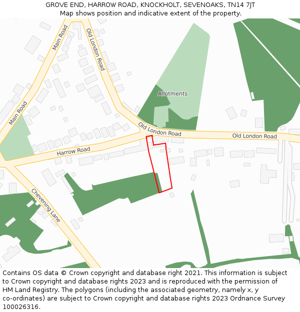 GROVE END, HARROW ROAD, KNOCKHOLT, SEVENOAKS, TN14 7JT: Location map and indicative extent of plot