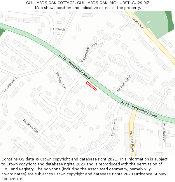 GUILLARDS OAK COTTAGE, GUILLARDS OAK, MIDHURST, GU29 9JZ: Location map and indicative extent of plot