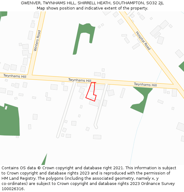 GWENVER, TWYNHAMS HILL, SHIRRELL HEATH, SOUTHAMPTON, SO32 2JL: Location map and indicative extent of plot
