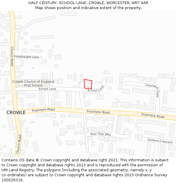 HALF CENTURY, SCHOOL LANE, CROWLE, WORCESTER, WR7 4AR: Location map and indicative extent of plot