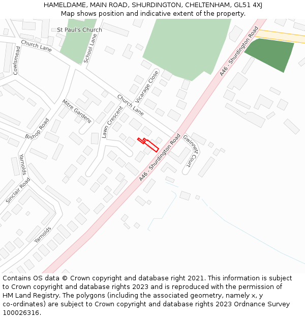 HAMELDAME, MAIN ROAD, SHURDINGTON, CHELTENHAM, GL51 4XJ: Location map and indicative extent of plot