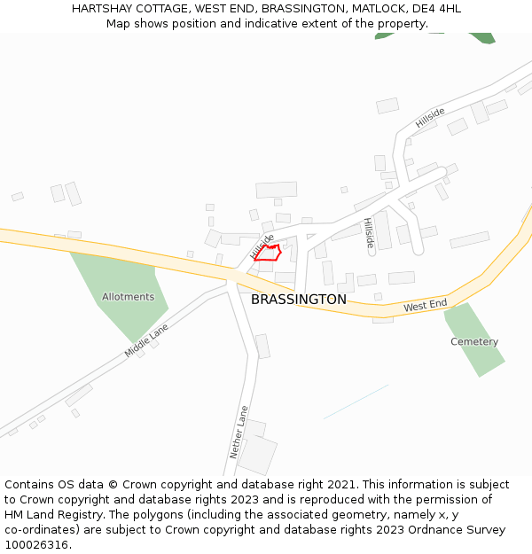 HARTSHAY COTTAGE, WEST END, BRASSINGTON, MATLOCK, DE4 4HL: Location map and indicative extent of plot