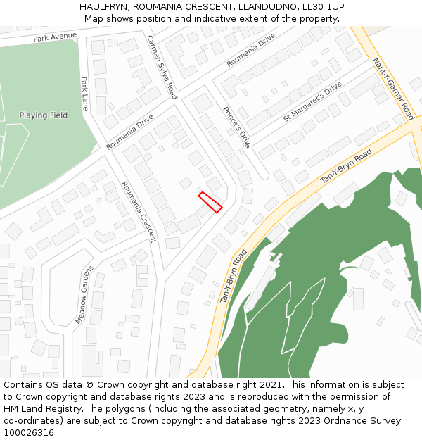 HAULFRYN, ROUMANIA CRESCENT, LLANDUDNO, LL30 1UP: Location map and indicative extent of plot