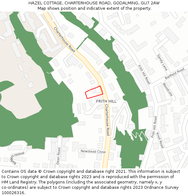 HAZEL COTTAGE, CHARTERHOUSE ROAD, GODALMING, GU7 2AW: Location map and indicative extent of plot