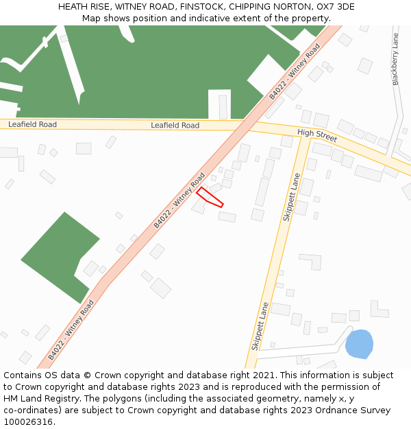 HEATH RISE, WITNEY ROAD, FINSTOCK, CHIPPING NORTON, OX7 3DE: Location map and indicative extent of plot