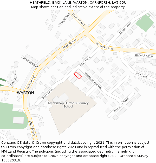 HEATHFIELD, BACK LANE, WARTON, CARNFORTH, LA5 9QU: Location map and indicative extent of plot