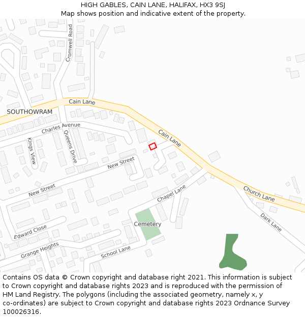 HIGH GABLES, CAIN LANE, HALIFAX, HX3 9SJ: Location map and indicative extent of plot